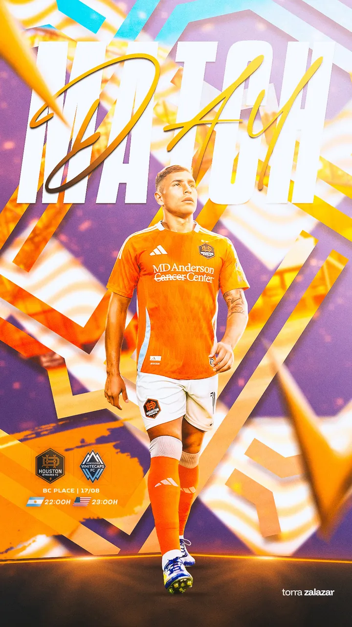 Matchday con jugador de camiseta naranja y firma caligráfica