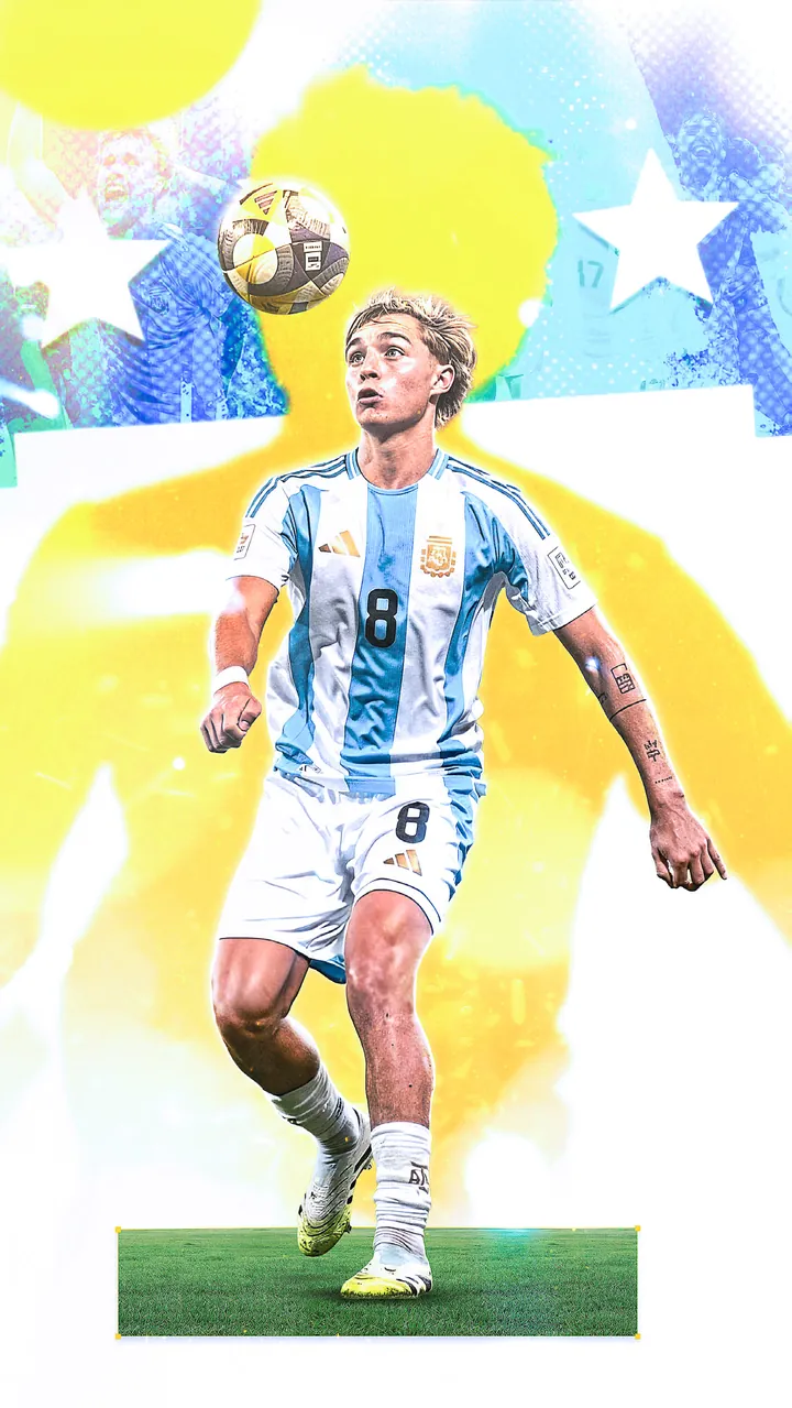 Jugador de la Selección Argentina sobre fondo amarillo y celeste